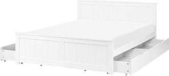Beliani Bed Frame White Pine Wood MDF EU Double Size 4ft6 with Drawers Headboard Minimalist SABRAN