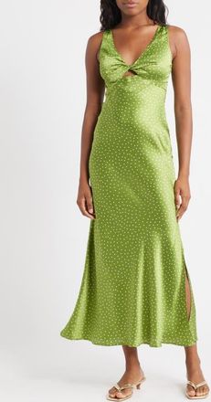 Topshop Polka Dot Twist Front Satin Midi Dress in Mid Green at Nordstrom, Size 2 Us