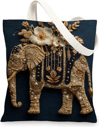 Generic Embroidered Elephant Canvas Tote Bag, Decorative Reusable Shopping Bags, Cotton Chic Travel Shoulder Bags, Navy, 13x15 Inch