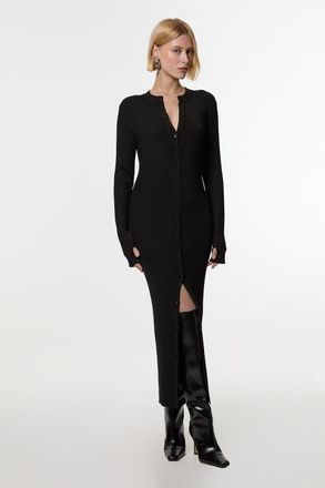 Karen Millen Button Through Ribbed Maxi Dress in Black at Nordstrom, Size X-Small