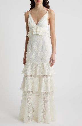 Black Halo Eris Floral Lace Tiered Gown in Cream at Nordstrom, Size 12
