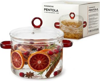 KASANOVA Pentola 2,5 L vetro borosilicato con coperchio manici rossi