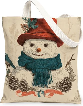 Generic Snow Man Canvas Tote Bags, Vintage Winter Holiday Design Reusable Shopping Bags, Lightweight Washable Eco-Friendly Shoulder, Beige, 13x15 Inch