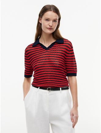 Tommy Hilfiger Womens Striped Pointelle Sweater Polo - Navy Blue / Fire Red - M