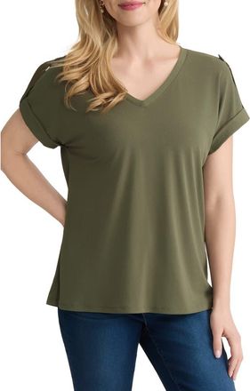 Jones New York Extended Shoulder Roll Tab Cuff V-Neck T-Shirt in Jasper Green at Nordstrom, Size X-Small