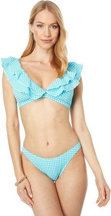 Lilly Pulitzer Aelin Bikini Top Womens Blue Gingham Ruffle Swimwear JDM929