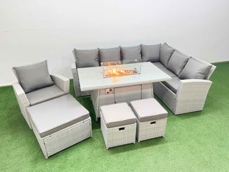 Fimous 10 Seat Rattan Garden Furniture Corner Sofa Set Gas Firepit Table Set in Light Grey
