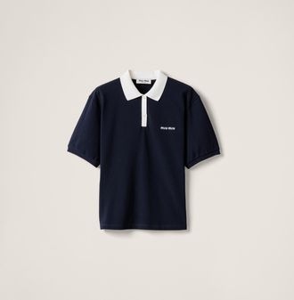 Miu Miu Cotton Piqu&eacute; Polo Shirt, Woman, Navy, Size M