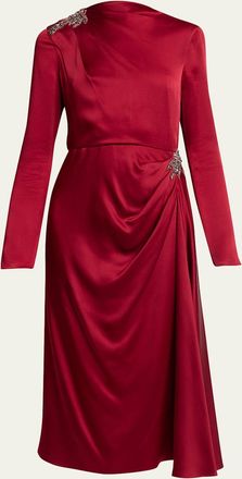 Erdem Crystal Long-Sleeve Draped Satin Midi Dress