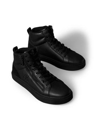 Calvin Klein Jeans Schn&uuml;rboots CALVIN KLEIN JEANS CLASSIC CUP MID LACEUP ZIP LTH, Herren, Gr. 43, schwarz, Leder, unifarben, Basic, Schuhe Schn&uuml;rboots, High Top Sneaker,
