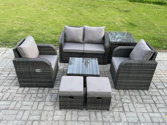 Fimous Wicker PE Rattan Garden Furniture Set Outdoor Lounge Sofa Set with Love Sofa Square Coffee Table Side Table in Dark Grey
