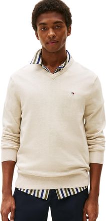 Tommy Hilfiger Mens Cotton Solid V Neck Sweater Lightweight Pullover, Heathered Oatmilk, Medium