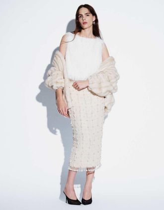 Asos gonna midi color crema con decorazione a griglia e frange di perline-Neutro
