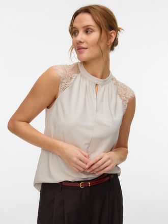 Vero Moda Spitzentop VERO MODA VMMILLA SL LACE TEE, Damen, Gr. XL, pumice stone, Jersey, Obermaterial: 95% Polyester, 5% Elasthan, unifarben, normal, Rundhals, 
