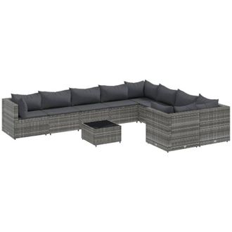 vidaXL Set De Sof&aacute;s De Jard&iacute;n Y Cojines 10 Pzas Rat&aacute;n Sint&eacute;tico Gris Vidaxl