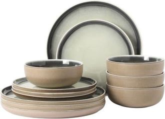 Gibson Home Island Bay New Bone China Dinnerware Set, Reactive Glaze Plates and Bowls in Ash With Black Rim at Nordstrom