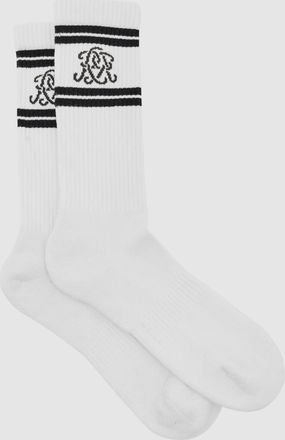Reiss Ecru & chocolate Brown Monogram Cotton-blend Rib Sport Socks, S & M