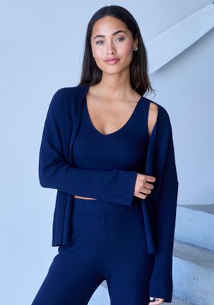 Copenhagen Cardigan COPENHAGEN STUDIOS, Damen, Gr. 32/34, marine, Rippstrick, Obermaterial: 50% Viskose, 28% Polyester, 22% Nylon, unifarben, figurumspielend h&uuml;f