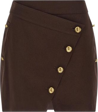 Elisabetta Franchi asymmetrical jewel-button mini skirt - women - Cotton/Elastane - 38 - Brown