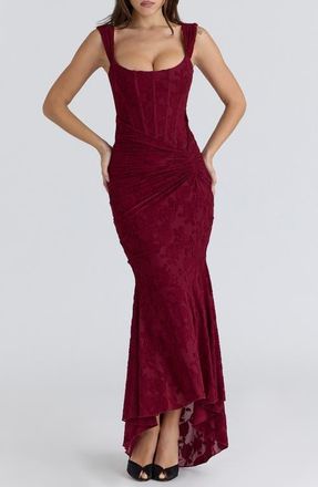House of CB Cesca Floral Burnout Corset Cocktail Dress in Wine at Nordstrom, Size X-Small