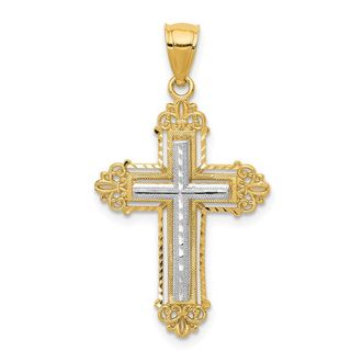 Diamond2Deal 14k Two-tone Gold Fleur De Lis Cross Pendant
