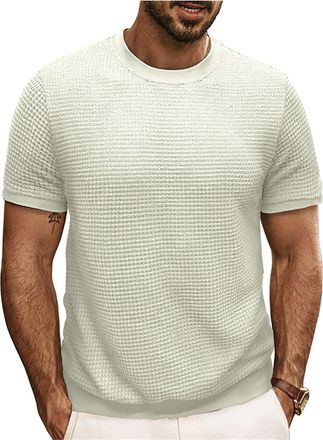 Generic Mens Fitted T-Shirts Short Sleeve Knit Round Neck Shirts Casual Stylish Textured Crewneck Solid Color Sweater Vintage Summer Knitted Pullover Tee Tops