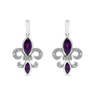 House of Brilliance Silver Amethyst & Diamond Accent Fleur De Lis Dangle Stud Earrings in White at Nordstrom