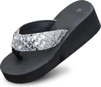 Generic 2026 Womens Summer Fashion Clip Toe Solid Color Sequined Beach Slippers (Silver, 5.5)
