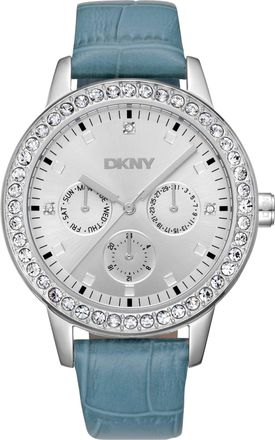 DKNY Women Watch, Silver Color Case, Silver Dial, Light Blue Leather Strap, Multi-Function, 5 ATM