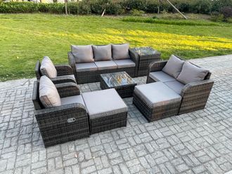 Fimous Rattan Garden Furniture 8 Piece Patio Set Table Sofa Chairs With 2 Big Footstool Side Table in Dark Grey