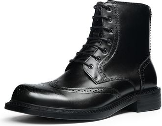 Generic Mens Leather Brogue Lace-Up Boots | Wingtip Ankle Dress Boots with Pigskin Lining for Business & Casual Wear,Black,7.5 UK