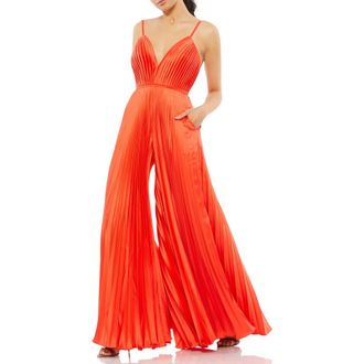 Mac Duggal Pleated Plunge Neck Wide Leg Jumpsuit in Tangerine at Nordstrom, Size 0