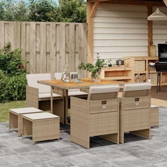 vidaXL Set Comedor De Jard&iacute;n 9 Pzas Con Cojines Rat&aacute;n Sint&eacute;tico Beige Vidaxl