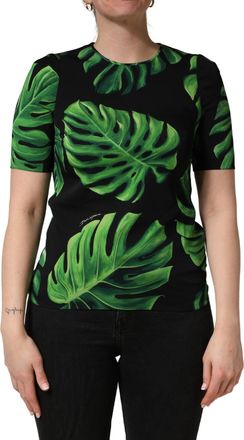 Dolce & Gabbana Womens Black Philodendron Print Silk Blouse Top And Green Elastane