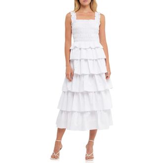 English Factory Shirred Ruffle Tiered Cotton Sundress in White at Nordstrom Rack, Size Small