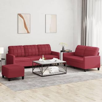 vidaXL Vidaxl - Juego De Sof&aacute;s Con Cojines 3 Piezas Cuero Sint&eacute;tico Rojo Tinto