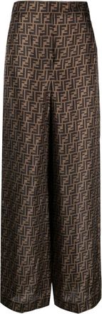 Fendi FF motif silk palazzo trousers - women - Silk - 38 - Brown