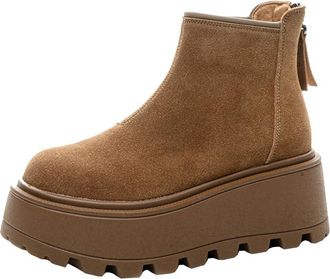 Generic Women winter suede snow boots with thick soles for increased height casual warmth and comfort slimming short boots (Khaki,3.5)