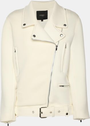 Maje White Neoprene Belted Biker Jacket