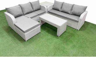 Fimous Outdoor Garden Furniture Sets 7 Seater Wicker Rattan Furniture Sofa Sets with Oblong Coffee Table high Back Lounge Sofa Big Footstool 2 Side Table