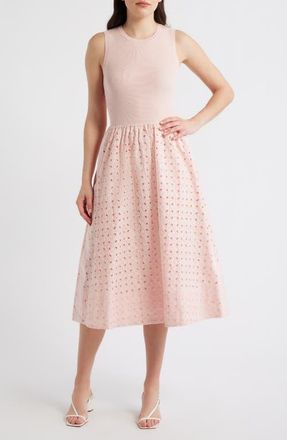 Elie Tahari Emma Sleeveless Rib & Broderie Anglaise Dress in Pale Blush at Nordstrom, Size X-Small