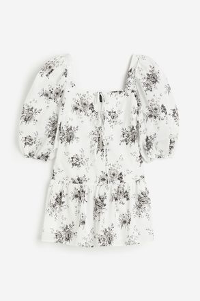 H&M Popelinekleid mit Puff&auml;rmeln - Weiss/Gebl&uuml;mt