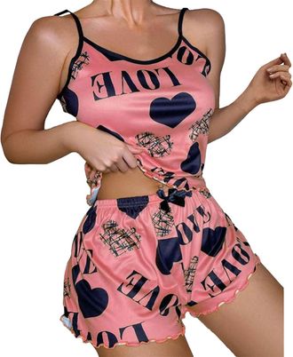 Generic Womens Sleeveless Pyjamas Set,Heart Print Pyjamas Womens Summer Print Loungewear Set Sexy Nightwear Soft Sleepwear Camisole And Shorts Pjs Set Sleevel