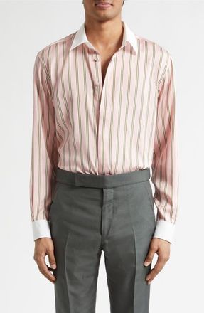Tom Ford Fluid Fit Oxford Stripe Silk Jacquard Button-Up Shirt in Pink Multicolor at Nordstrom, Size 40