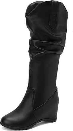 Generic Womens Fashion V-cut Wide Calf Slouch Ruched Knee High Boots Hidden Wedge Heels Round Toe Winter Shoes (Black,5.5)