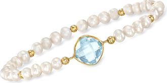 Ross-Simons Sky Blue Topaz and 4-5mm Cultured Pearl Bracelet in 14kt Yellow Gold