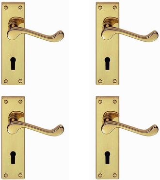 Loops 4x PAIR Victorian Scroll Handle on Lock Backplate 150 x 43mm Polished Brass