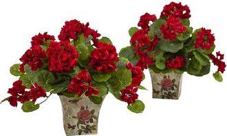 Nearly Natural Set Of 2 Geranium Flowering Silk Plants With Floral Planter