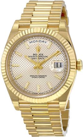 Rolex Day-Date 40 Silver Diagonal Motif Dial 18K Yellow Gold President Automatic Mens Watch 228238SSP