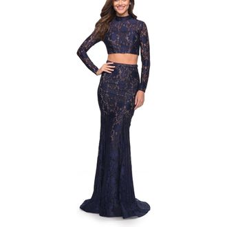 La Femme Long Sleeve Two Piece Lace Dress with Open Back in Navy at Nordstrom, Size 2